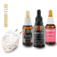 Kit 3 Essências Aromas da Primavera + 1 Aromatizador elétrico de porcelana Branco com Dourado